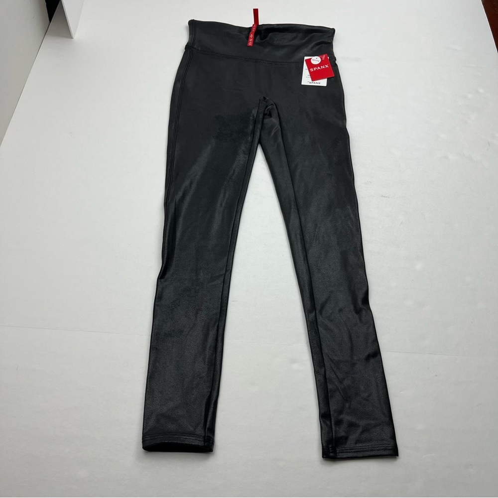 SPANX Black Faux Leather Black Leggings Womens Size Small Petite Pull-On NEW